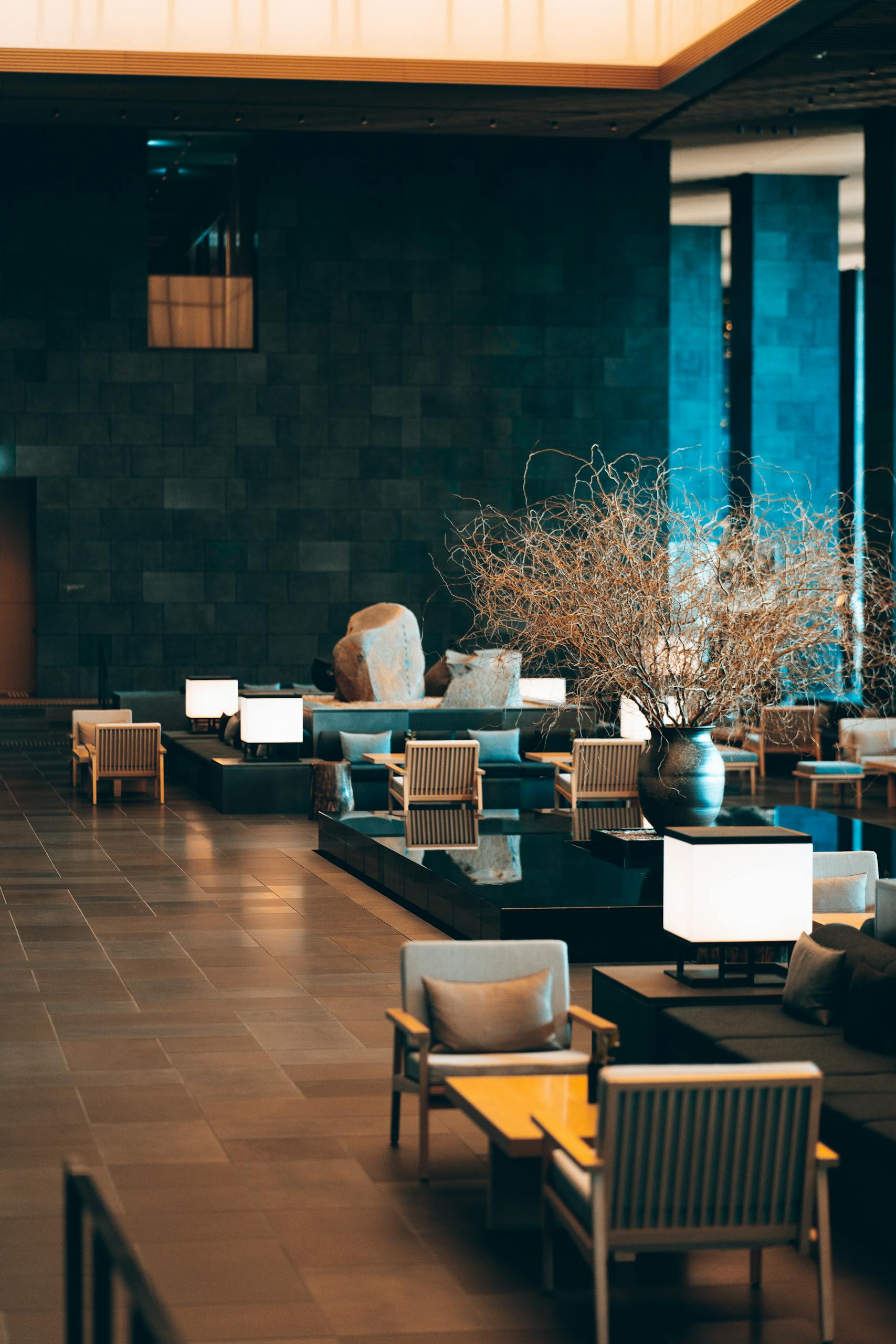 Elegant hotel lobby interior in Tokyo, featuring modern design and luxury furniture.